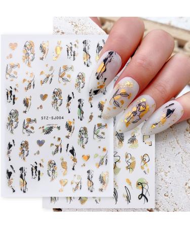 9 Sheets Gold Nail Art Stickers Decals Self Adhesive Pegatinas para Uñas Black Nine Line Abstract Face Eye Flowers Palm Tree Leaf Design Manicure Tips Nail Decoration for Women Girls