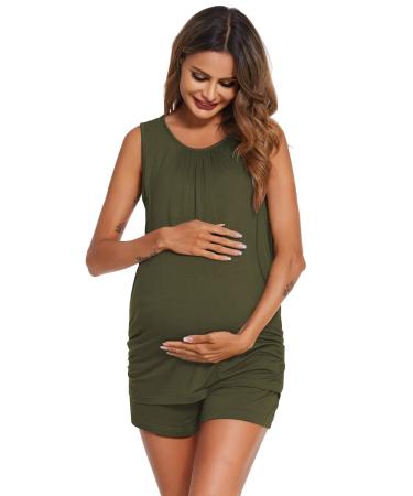 Ekouaer Women's Nursing Pyjamas Short Breastfeeding Pyjamas Two Piece with Adjustable Elastic Waistband Nursing Top and Trousers for Pregnancy S-XXL S Green (Green A)