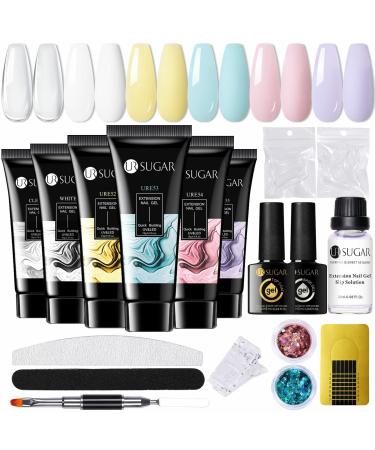 UR SUGAR Pastel Poly Extension Gel Nail Kit 6 Colours Pink Yellow White Clear Summer Colours Poly Nail Gel Set Acrylic Gel Builder Enhancement Starter Kit with Slip Solution Basic Manicure Tools Pastel Kit