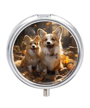 Round Pill Box Two Corgis Print 3 Compartment Medicine Pill Case Print Pill Organizer Decorative Metal Portable Pill Box Pocket Pill Box