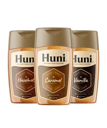 Huni Natural Coffee Syrup Pick N Mix - Choose From 3 Flavours | Caramel Hazelnut Vanilla Flavouring-Syrup - Pack of 2 x 200ml Acacia-Honey Based-Natural Coffee-Syrup