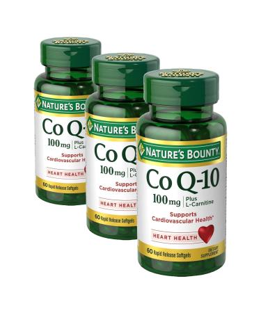 Nature's Bounty CoQ10 Supports Heart Health 100mg Plus L-Carnitine 60 Softgels (Pack of 3)