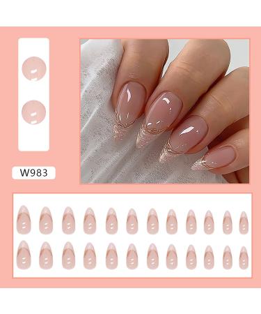 Press on Nails Tip Almond - 24PC Glossy Coffin Shaped Fake Nails with Gold Lines Design - Reusable Nude Pink French Acrylics for Women - Buy Online on GoSupps.com