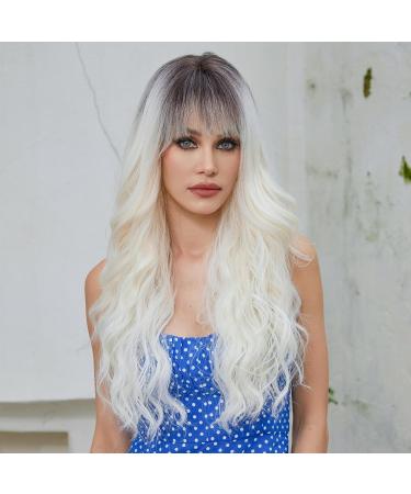 EMMOR Ombre Platinum Blonde Long Curly Wig with Bangs - Heat Resistant Synthetic Hair for Natural Daily Look - Buy Online on GoSupps.com