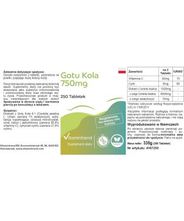 Gotu Kola 750 mg - 250 comprim s - 9000 mg de gotu kola par dose journali re - avec vitamine C et zinc - hautement dos - v g talien - compl ments alimentaires fabriqu s en Allemagne | - Buy Online on GoSupps.com