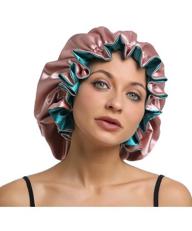 Sengterm Satin Sleep Cap for Women - Adjustable Double Layer Silk Hair Care Bonnet for Long Hair - Green-Pink L-XL - Buy Online on GoSupps.com