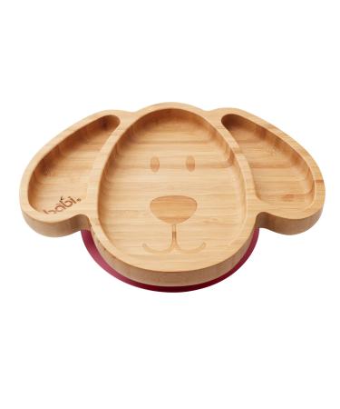 BABI Baby Toddler Large Dog Plate Natural Bamboo with Stay Put Silicone Suction Ring (Cherry RED)