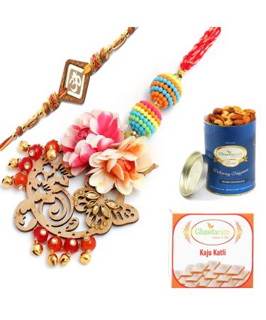 Ghasitaram Gifts Rakhis Online - Rakhi for Brother- The Charasmatic rm079Bhaiya Bhabhi Rakhi with 100 GMS of Dryfruits Mix Can 200 GMS of Kaju katli Rakhi Set & 100g Dryfruits Mix Can 200g Kaju katli