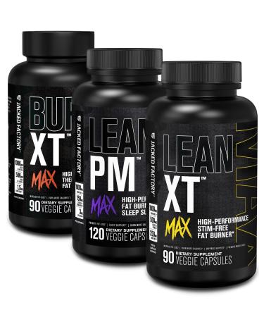 Jacked Factory Burn-XT Max - Thermogenic Fat Burner (90 Capsules) & Lean PM Max - High-Performance Weight Loss (120 Capsules) & Lean-XT Max - High-Performance Stim-Free Fat Burner (90 Capsules)