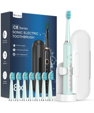 Sonic Electric Toothbrush for Adults and Kids - Sonic Toothbrushes with 8 Tooth Brush Replacement Head and 5 Brushing Modes 120 Days of Use with 3-Hour Fast Charge 2 Minute Smart Timer Light Green 1 count (Pack of 1)