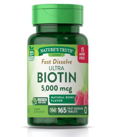Nature's Truth Ultra Biotin 5000mcg | 165 Fast Dissolve Tablets | Hair Skin and Nails Supplement | Natural Berry Flavor | Vegetarian Non-GMO Gluten Free