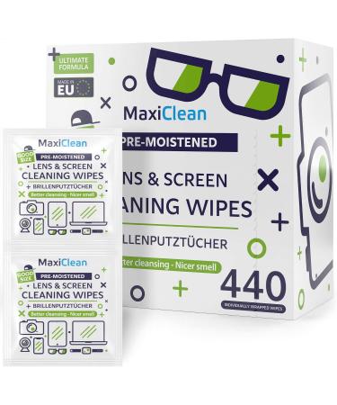 MAXI CLEAN Lens Wipes - 440 Pre-Moistened Cleaning Wipes for Glasses, Screens, Binoculars, and More - Made in Europe - Buy Online on GoSupps.com