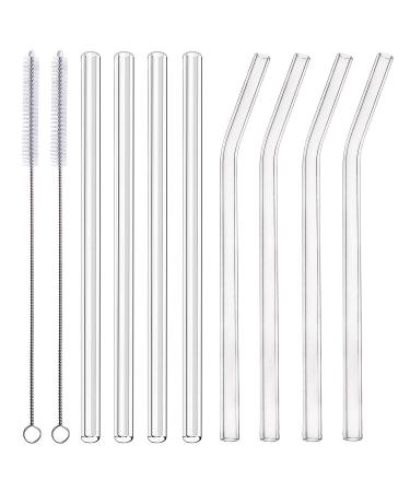 ALINK Glass Smoothie Straws, 10" x 10 mm Long Reusable Clear Drinking Straws, Pack of 8 with 2 Cleaning Brush, 10mm Wide Clear
