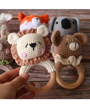 Yieur Crocheted Baby Bass - Gray Pink Lion Crochet Wooden Gripping Ring | 12cm Handmade Baby Gift | Safe Wooden Toys for Girls & Boys - Buy Online on GoSupps.com