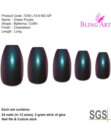 Bling Art Ballerina False Nails Fake Coffin Chameleon Green Purple Long Tips - Buy Online on GoSupps.com