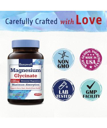Bonawell Magnesium Glycinate Chelated Supplement - 100mg Elemental Magnesium - Gluten-Free Vegan Capsules for Nerve, Heart, Muscle Health & Relaxation - Buy Online on GoSupps.com