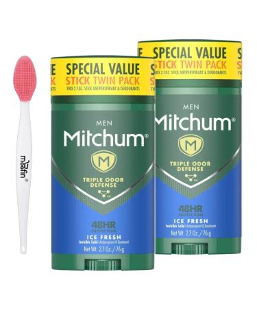 Mitchum Deodorant For Men 2.7 Oz 48 Hr Protection Deodorant Men - Ice Fresh Scent With Moofin Nose Cleaning Brush Triple Odor Defense Invisible Solid (Pack Of 2)