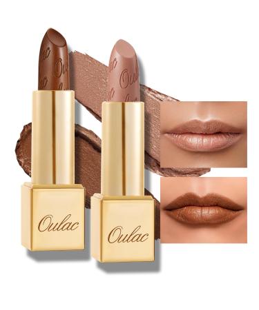 Oulac Metallic Brown & Nude Lipstick Set - 2PCS Vegan Lightweight Hydrating Formula with High Impact Lip Color for Full Coverage Lip Makeup 08+10 2pcs Brown+nude