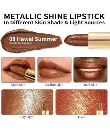 OULAC Metallic Shine Glitter Lipstick - Nude High Impact Lipcolor | Long Lasting Vegan & Cruelty-Free | Hawai Summer (08) - 4.3g/0.15oz - Buy Online on GoSupps.com