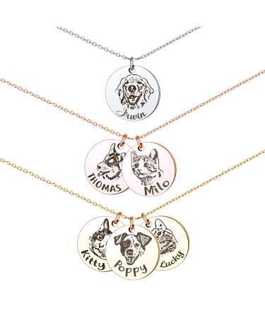 Anavia Personalized Pet Portrait Necklace, Handmade Pet Memorial Jewelry Gift, Customized Round Disc Photo Engraved Necklace Pet Gifts, Dog Cat Necklace for Animal Lover, Dog Mom, Dog Dad 1 Disc Silver