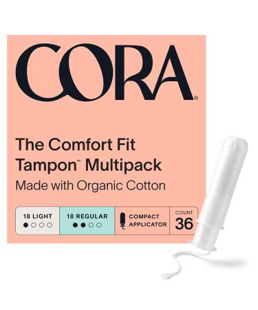 Cora Organic Applicator Tampons | Light/Regular Absorbency | 100% Cotton Core, Unscented, BPA-Free Compact Applicator | Leak Protection, Easy Insertion, Non-Toxic | Packaging May Vary (36 Count) 36 Count (Pack of 1)