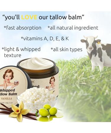 Beef Tallow for Skin Whipped Tallow Balm with Olive Oil Grass Fed Cow Fat Face Moisturizer Cream Body Lotion for Dry Skin for Men & Women 4 Ounce Vanilla Vanilla 4 Ounce (Pack of 1) - Buy Online on GoSupps.com