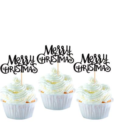 Pack of 24 Merry Christmas Cupcake Toppers Glitter Merry Christmas Cake Toppers Merry Christmas Xmas Theme Party Cake Decorations Accessories Black Colour 5
