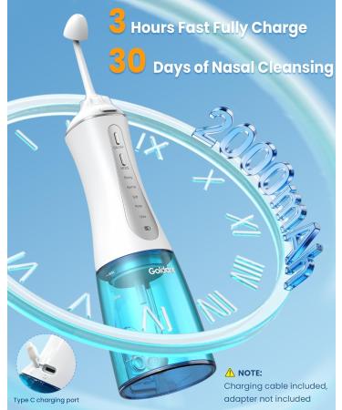 GOLDANT 350ML Neti Pot Sinus Rinse Kit with 40 Nasal Rinse Salt Packets Nasal Irrigation System with 5 Modes 4 Nozzles Cordless Rechargeable IPX7 Waterproof Nose Cleaner (350ML No Salt) - Buy Online on GoSupps.com