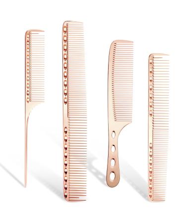 Professional Barber Aluminum Dressing Comb, 4 Types Metal Comb for Cutting Hair Comb for Hair Styling Included Long Hair Cutting Comb, Short Styling Comb, Handle Comb,Tail Comb (Rose Gold)