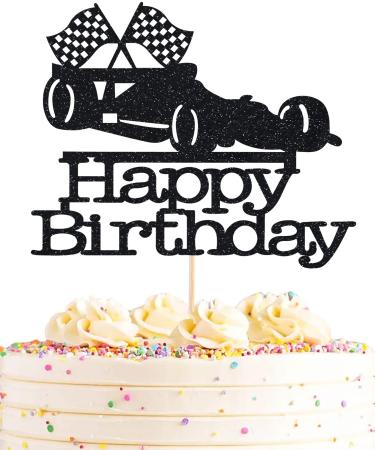 AHAORAY Race Car Cake Topper - Black Glitter Race Car Birthday Cake Decorations - Car Themed Happy Birthday Party Cake Decorations Photo Booth Props