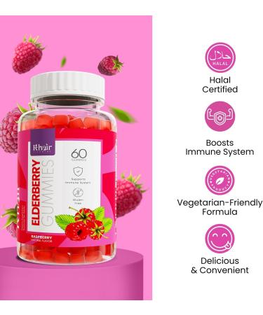 Khair Halal Elderberry Gummies - Super Antioxidants Supplement Boosts Immunity & Fights Seasonal Allergies - Non GMO Vegetarian Gluten Free Gelatin Free & Halal Vitamins - 60 Gummies - Buy Online on GoSupps.com