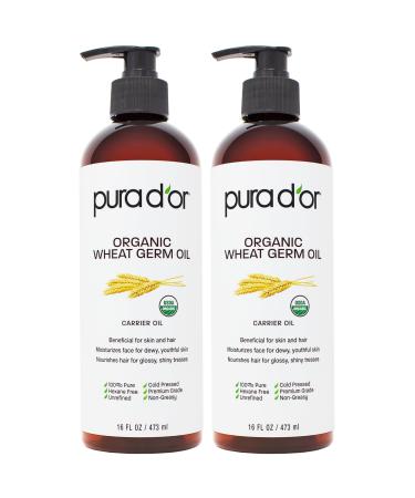 PURA D'OR ORGANIC Wheat Germ Oil (16 Oz x2 32 Oz) 100% Pure & Natural USDA Certified Cold Pressed Carrier Oil - Vitamin E Rich Moisturizing & Nourishing Anti-Aging Properties - Healthy Hair Growth Natural 16 Fl Oz (Pack