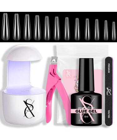 SXC Cosmetics XXL Nail Tips and Glue Gel Kit with 3 in 1 Gel Nail Glue and 240PCS Coffin Nail tips for DIY nail art extension (G43) 244 Piece Set