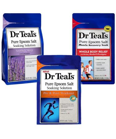 Dr. Teal's Pure Epsom Salt Soak Pain Relief Gift Set (3 Pack 8.5lbs Total) - (3lb) Soothe & Sleep Lavender (3lb) Pre & Post Workout with Menthol (2.5lb) Muscle Recovery with Arnica - Ease Body Pain