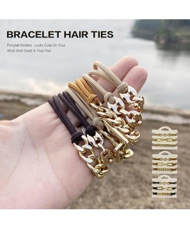 Gold Plated Ponytail Holders Scrunchies - Soft Elastic Hair Ties Bracelet - Trendy Hair Accessories for Women in Khaki - Buy Online on GoSupps.com