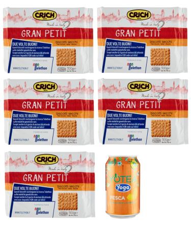 Rummo Pack of 5 Crich Gran Petit Biscotti Secchi Biscuits, 500g Pack, Each Pack Contains 8 Single Servings + 1 Can of Peach Iced Tea, 330ml