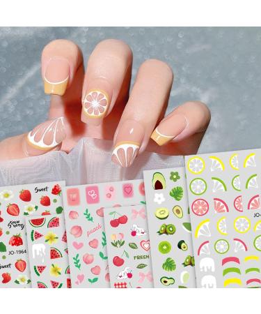 Summer Nail Art Stickers Lemon Nail Decal Nail Art Supplies Cute Fruit Strawberry Cherry Watermelon Avocado Lemon Nail Design for Women Girls Nail Decoration Wraps for Acrylic Nails