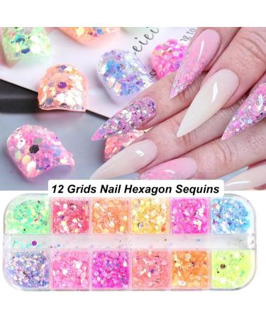 Holographic Nail Art Glitter & Iridescent Flakes - 12 Grids Mermaid Sequins for DIY Nail Design & Decoration | Colorful Fluorescent Supplies - Buy Online on GoSupps.com