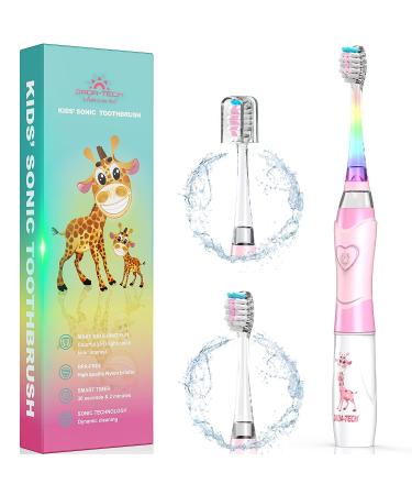 DADA-TECH Kids Electric Toothbrush Toddler Sonic Battery Powered Rainbow Light Up Vibrating Tooth Brush with 2 Minutes Timer for Children Boys Girls Ages 2+ Years Old, 3 Soft Brush Heads (Pink)