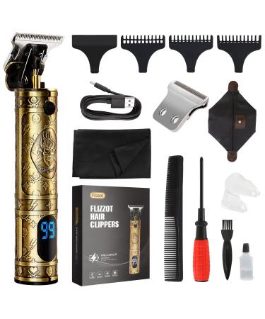 Hair Clippers for Men Professional Zero Gapped Trimmers Beard Body Hair Electric T Blade Outliner Clipper Liners 0mm Bald Zero Gap Grooming Kit LCD Low Noise Cordless Rechargeable with Guide Combs Gold