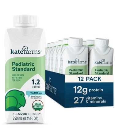 Kate Farms Pediatric Standard 1.2 Formula, Sole Source Nutrition, Nutritional Supplement Drinks, Feeding Tube Meals, Protein Shakes for Kids (Vanilla 1.2 cal/mL, Case of 12)