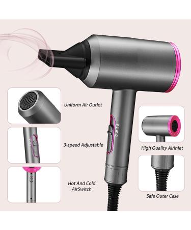 2000W Professional Hair Dryer with Diffuser | Ionic Blow Dryer for Fast Drying | 2 Speed 3 Heat Settings | Cool Shot Button | Travel Hairdryer - Gray Pink - Buy Online on GoSupps.com