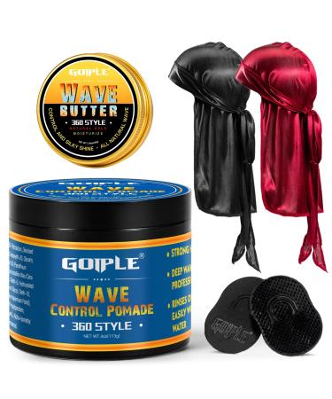 360 Wave Pomade Strong Hold 360 Wave Training Hair Cream Wave Greasy Wave Butter for Men Pocket Palm Brush Curved Wave Brush for Men Silky Durags for Men Extra Long Tails Wave Brush Wave Cap Set