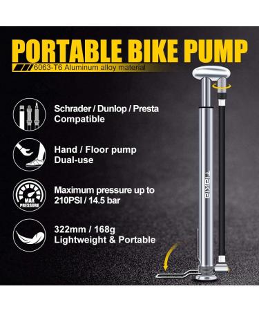 Tiakia High Pressure Mini Bike Pump - 210 PSI, Fits Schrader/Presta/Woods Valve - Compact, Lightweight, and Fashionable - Ideal for Road and Mountain Bikes - Buy Online on GoSupps.com