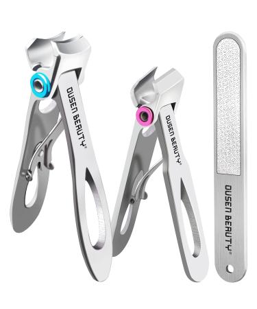 Nail Clippers for Thick Nails Wide Jaw Opening Nail Clippers with Curved and Slant Straight Blade Edge Heavy Duty Thick Toenail Clippers Fingernail Cutters Set with File for Seniors Adult Men Women Silver (Curved + Straight)
