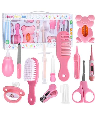 FantasyDay 13pcs Healthcare and Nursery Healthcare and Grooming Kit Including Baby Brush Comb Scissors Nail Clippers Nail File Tweezer Baby Gift for New Mom(Pink)