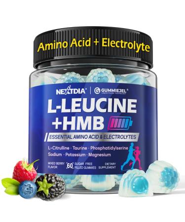Hmb and L-Leucine Gummies 3500mg Pre Work Essential Amino Acids EAA Supplements for Men & Women w/Branched-Chain Amino (BCAA) & 4 Hydration Electrolytes Taurine D3 for Fast Workout Recovery 60Cts 60 Count (Pack of 1)
