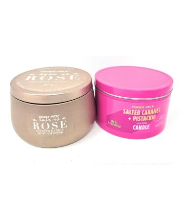 Trader Joe's Rose is a Rose and Salted Caramel and Pistachio Scented Candle Duo Natural Soy Wax Beeswax Blend Lead-Free Cotton Wick Pink Set