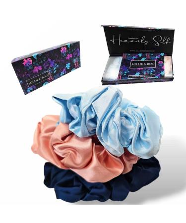 Millie & Boo Luxury Mulberry Silk Scrunchies Set of 3 - Light Blue Light Pink Navy Blue Hair Bands Hair Accessories for Women Hair Bobbles Gift for Women in Elegant Gift Box