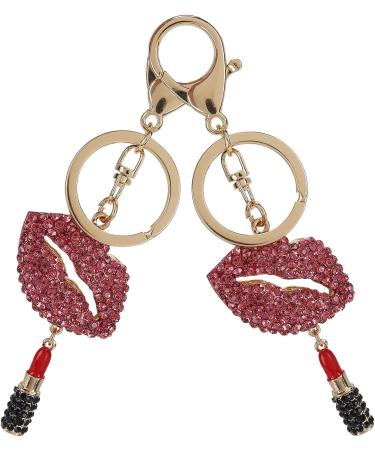 2Pcs Lips & Lipstick Sparkling Charm Keychain Set - Pink Cosmetic Bling Accessory - Buy Online on GoSupps.com